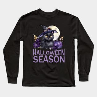 Cute black cat with full moon and Halloween season Long Sleeve T-Shirt